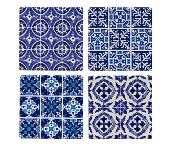 blue and white coasters