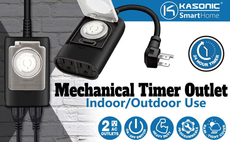Indoor 24-hour Mechanical Outlet Timer, 3-prong Dual Outlet Plug