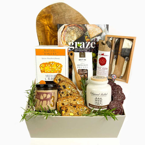 Graze Charcuterie Gift Box with or without French cheese knives. Chose from all beef artisan made salami or vegan salami. A fantastic gift for anyone who loves to eat or entertain. A fantastic client gift, employee gift, closing gift and so much more.