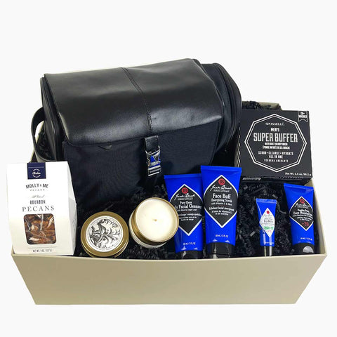 Men's luxe Travel Kit - the perfect gift for the guy who travels. Filled with Jack Black products, a leather dopp kit and more.