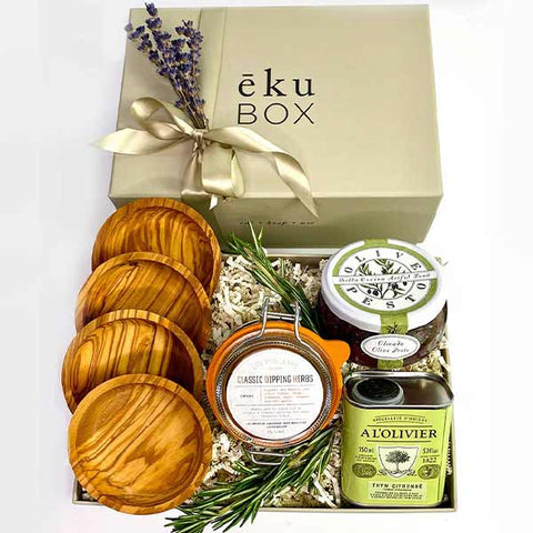 Olive oil dipping gift box by ekuBOX. Shop curated gift boxes for clients, employees and family.