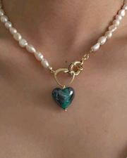 Pearl Necklace with Green Heart