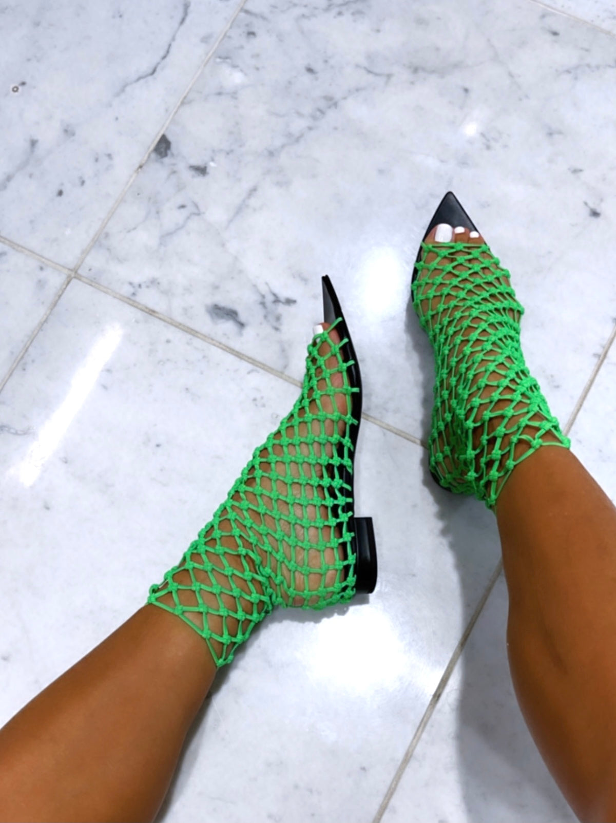 VELA NEON GREEN NET SOCK FLAT SANDAL