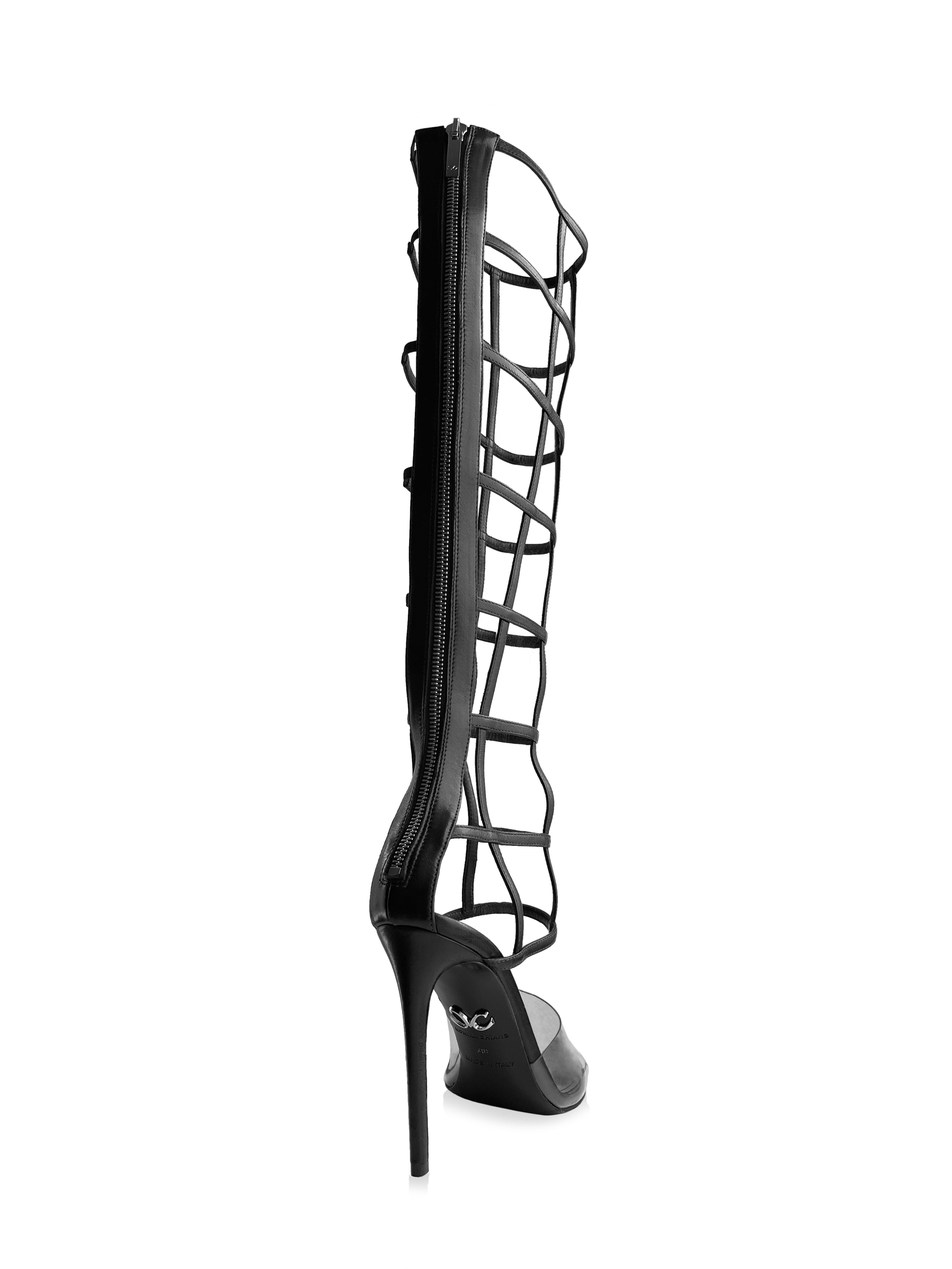 MAXIME KNEE HIGH BLACK LEATHER & PVC SANDAL