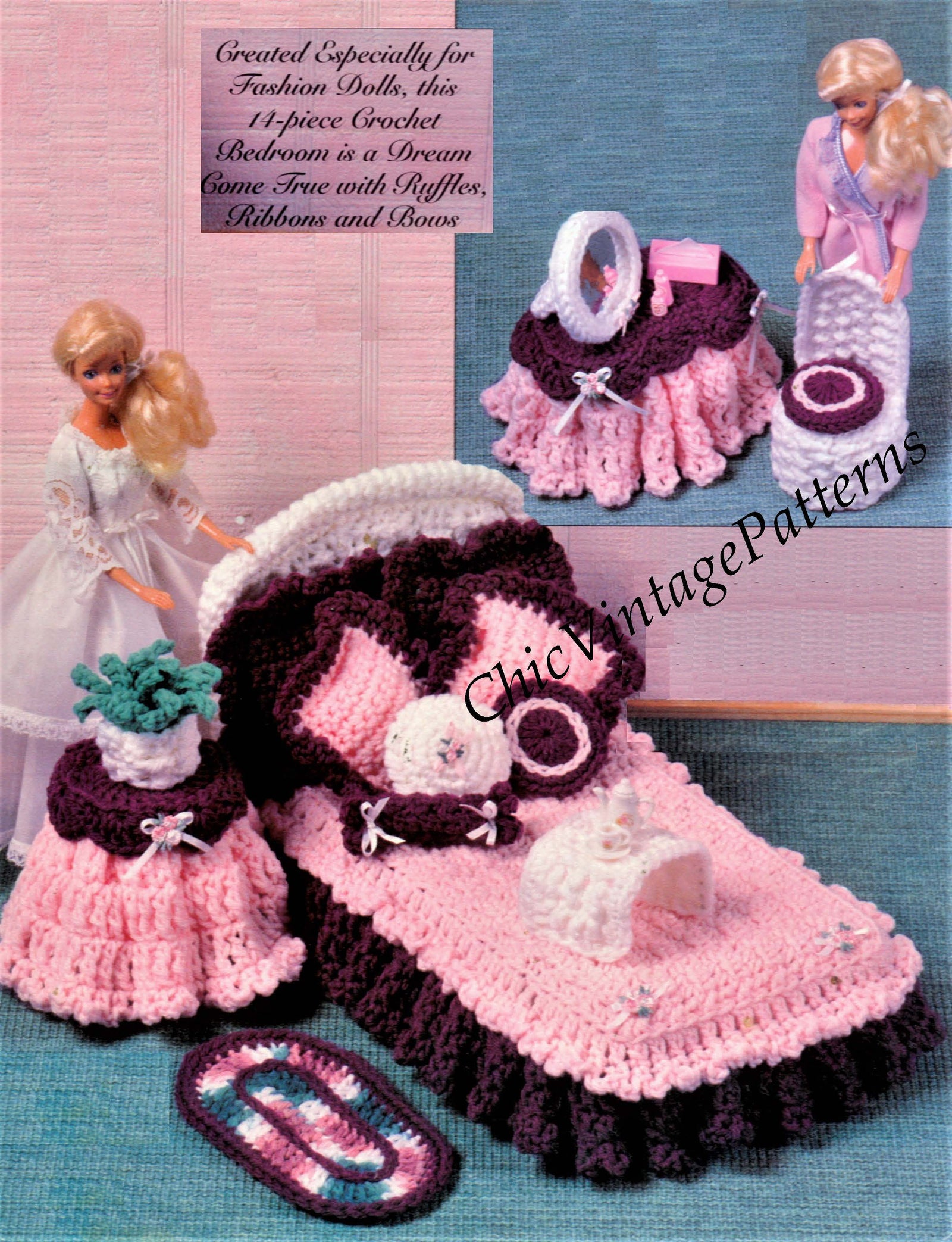 Crochet Pattern Book Fashion Doll 11-1/2 Canopy Bed Sheets Pillows  Comforter +