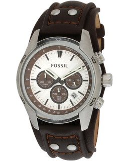 Fossil Mens Stainless Steel Chronograph Watch with Genuine Brown Leather Strap