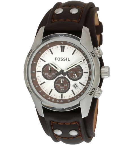 Fossil Mens Stainless Steel Chronograph Watch with Genuine Brown Leather Strap