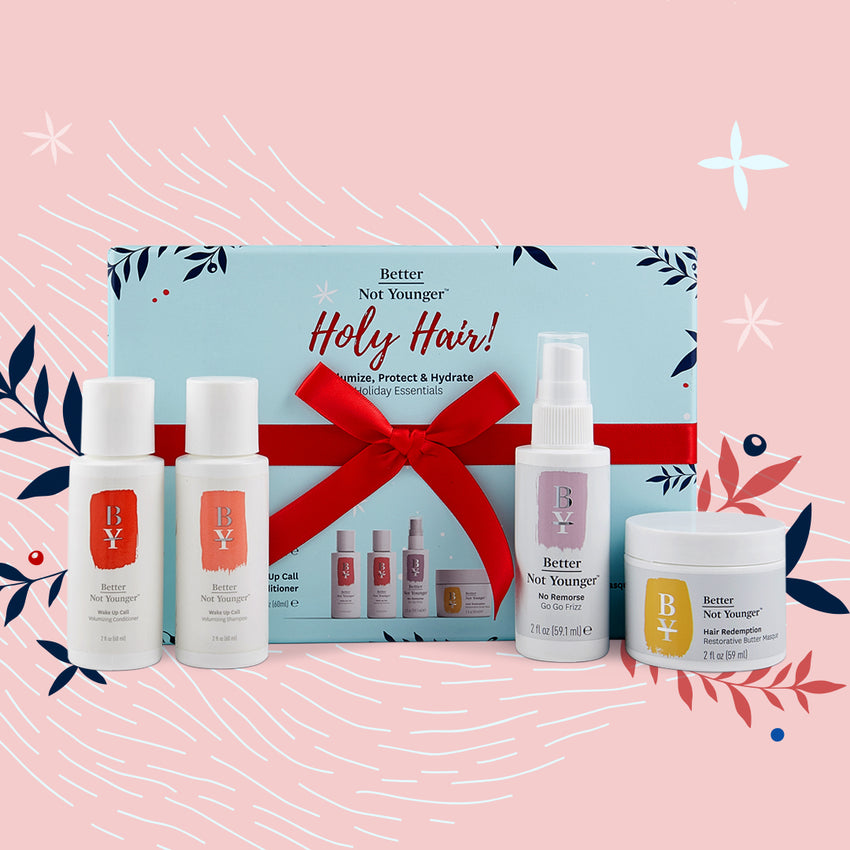 Holy Hair Holiday Essentials Gift Set features our must-haves minis all dressed up for the holidays. The 2 oz bottles contain everything she needs to protect, strengthen, hydrate and add volume to her thin, aging tresses.