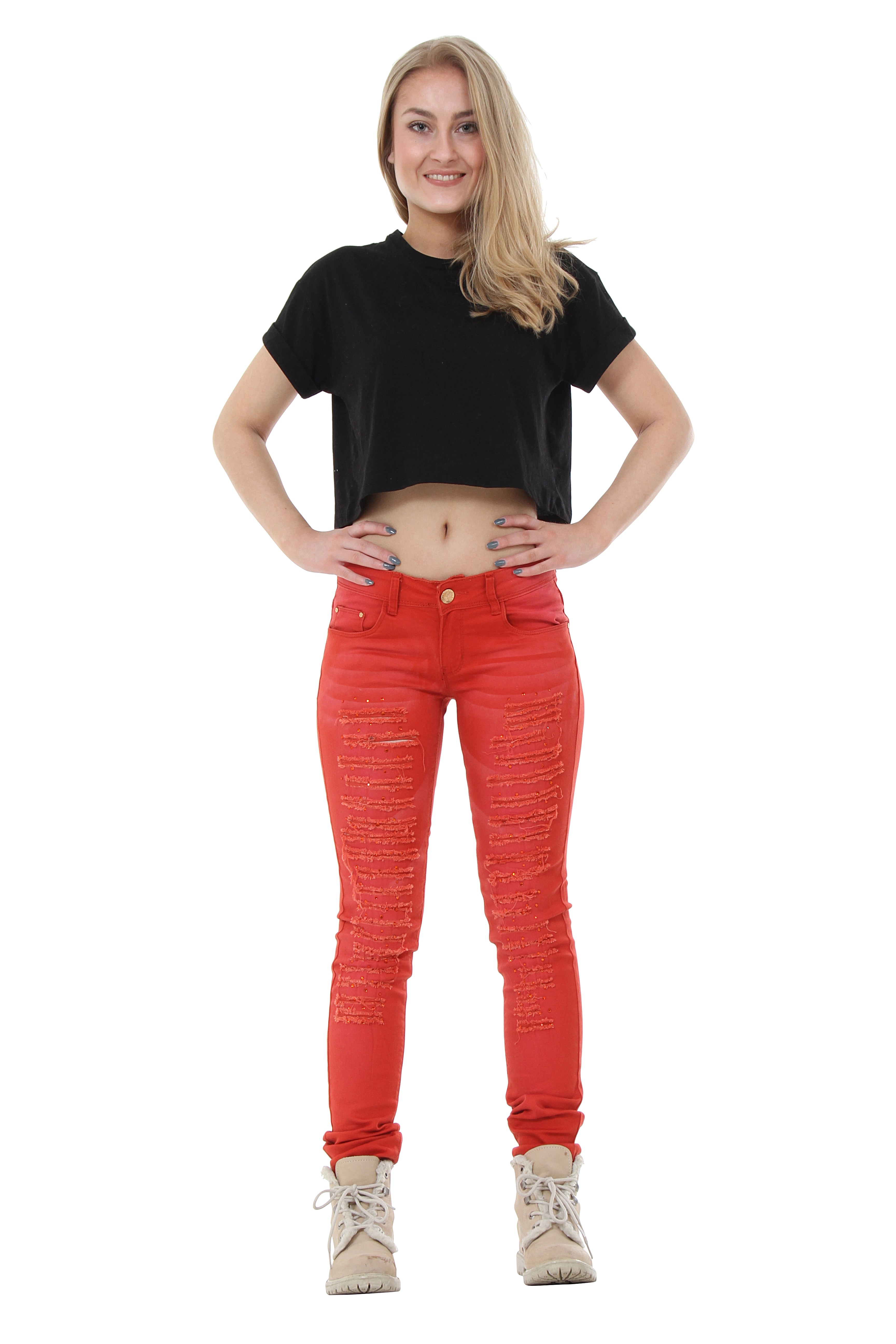 Low Rise Ripped Jeans With Diamante Detail Skinny Fit Red Glamour Outfitters 