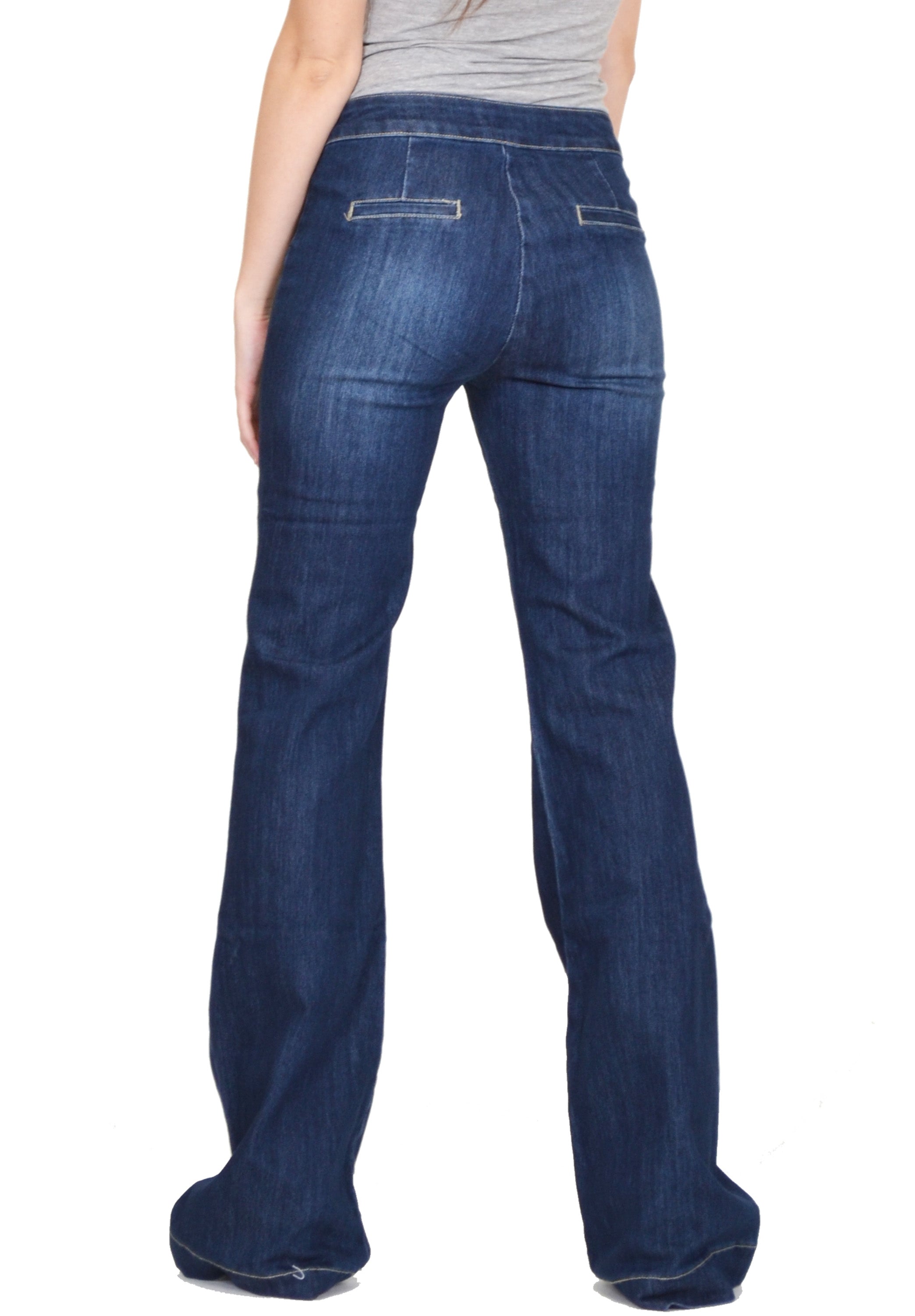 Long Leg Wide Flared Stretch Jeans - Dark Blue – Glamour Outfitters