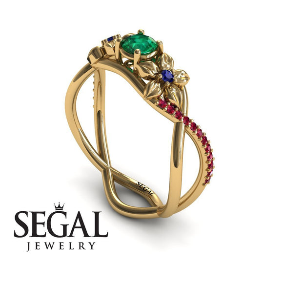 Engagement ring 14K Yellow Gold Flowers Green Emerald With Sapphire 