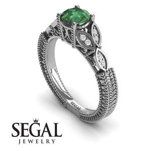Unique Engagement Ring 14K White Gold Leafs Vintage Victorian Edwardian Art DecoGreen Emerald With Diamond 