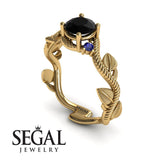Unique Engagement Ring 14K Yellow Gold Leafs And Branches Art Deco Black Diamond With Sapphire 