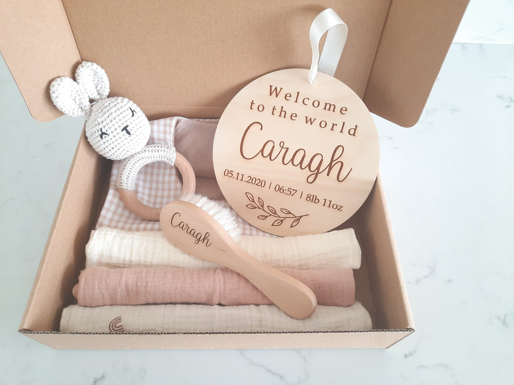 Newborn Baby Gift Set with Personalised Plaque & Comb