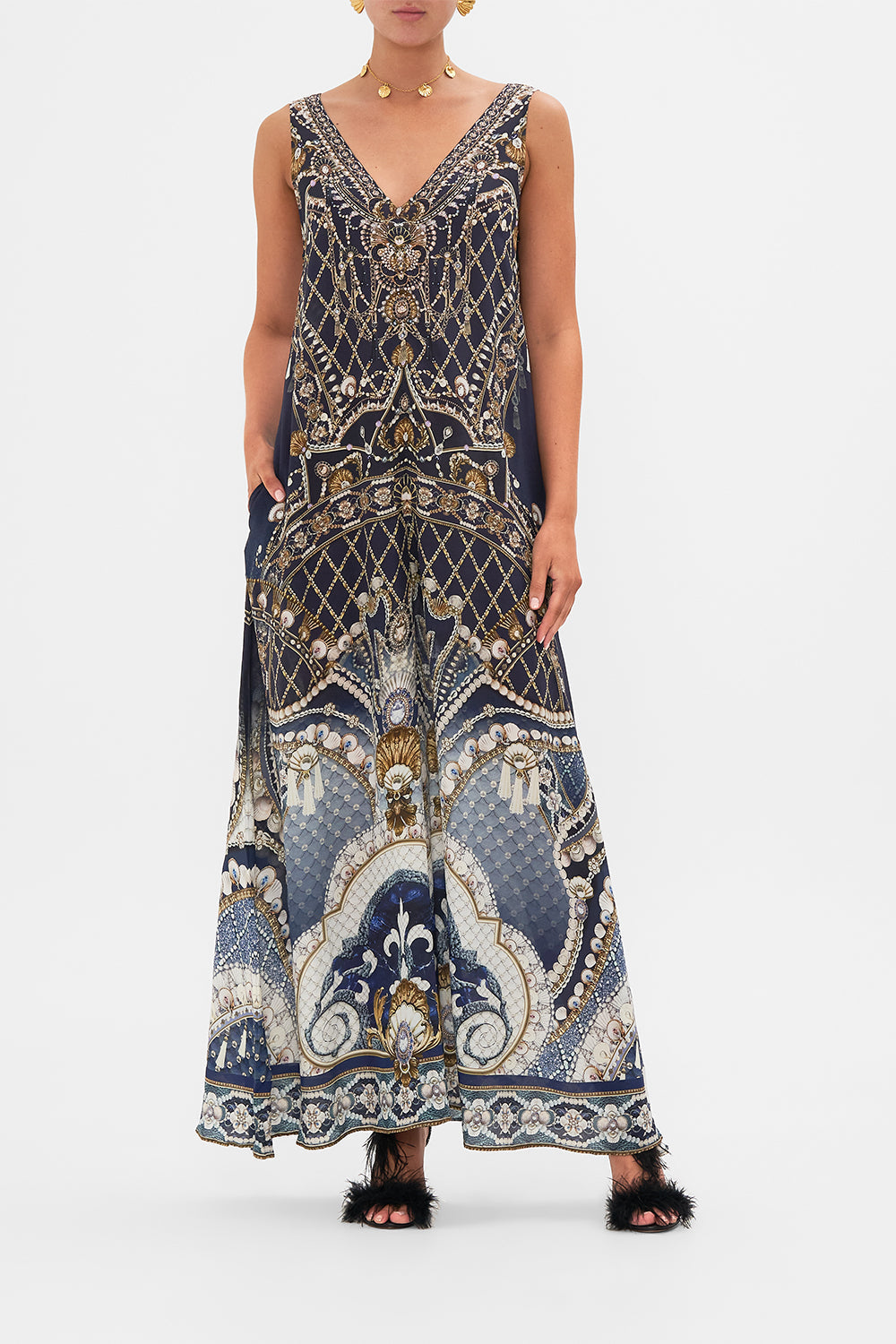 Camilla V Neck Flared Jumpsuit Dance With The Duke In Navy