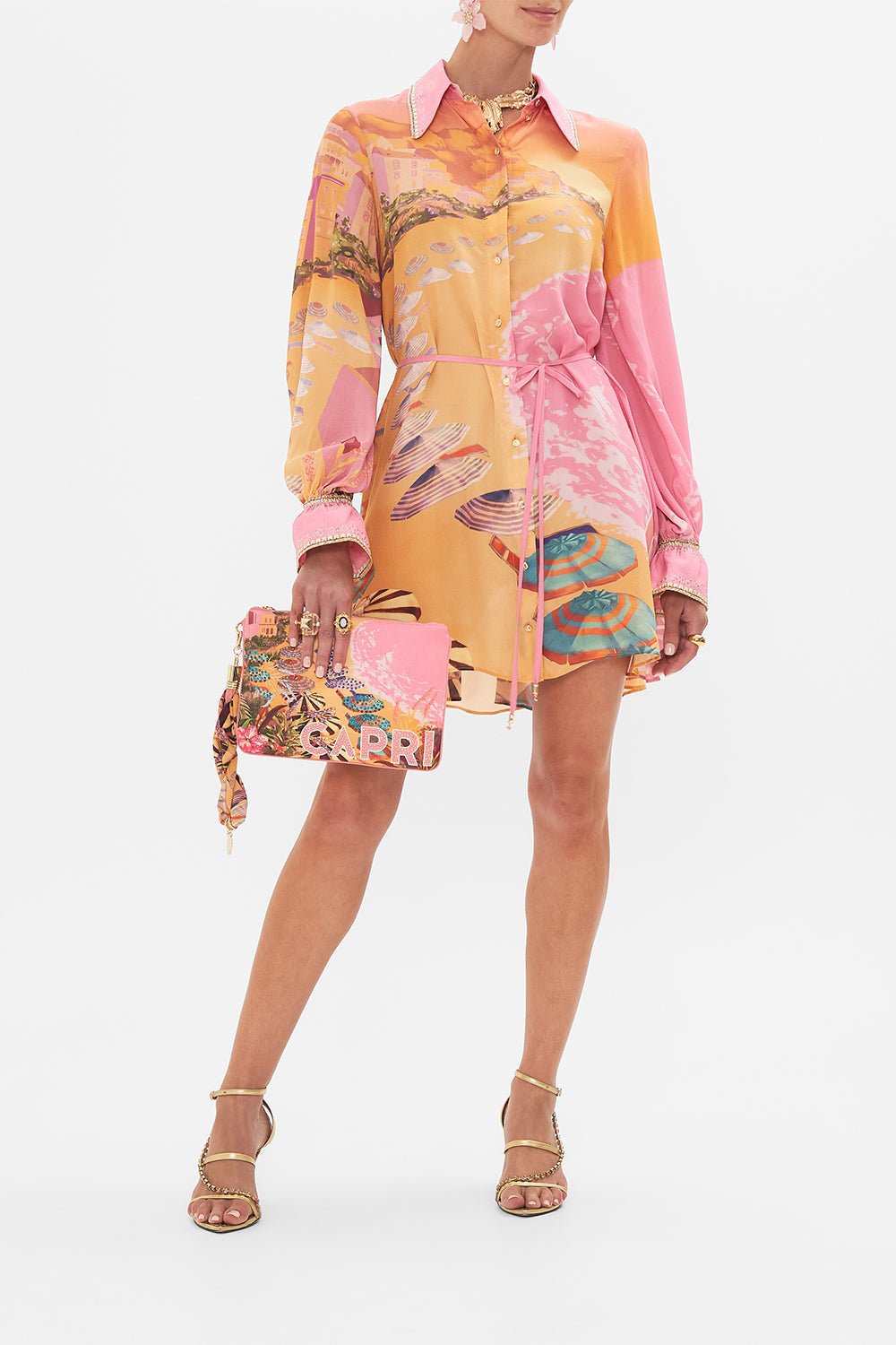 Camilla Shift Shirt Dress Capri Me In Orange/peach/