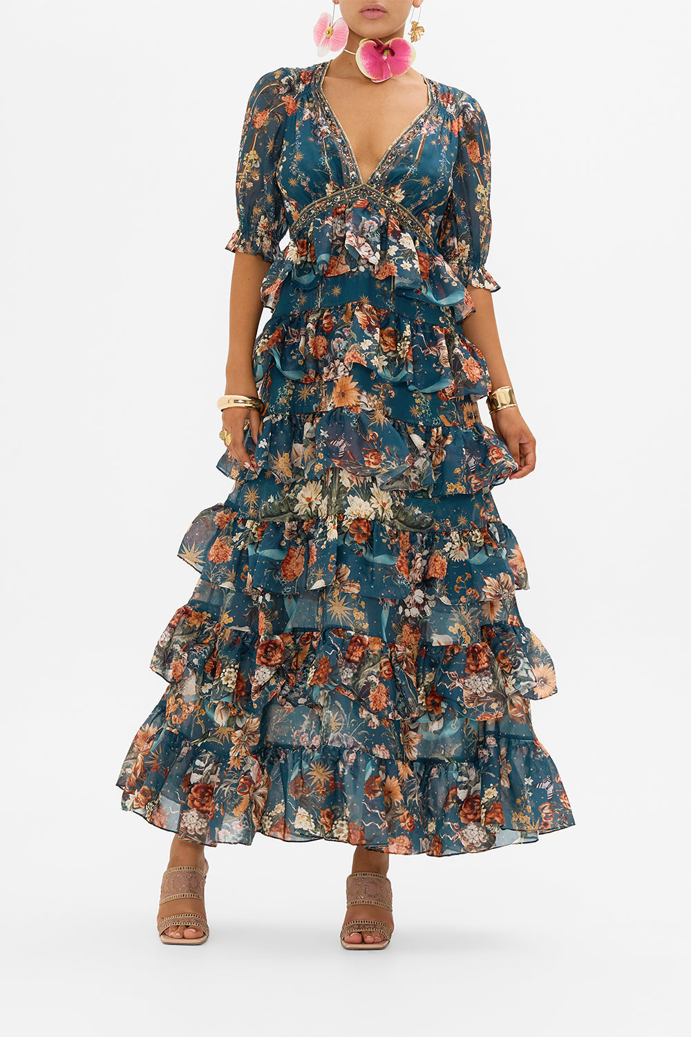 Camilla Puff Sleeve Tiered Skirt Long Dress She Who Wears The Crown In Green