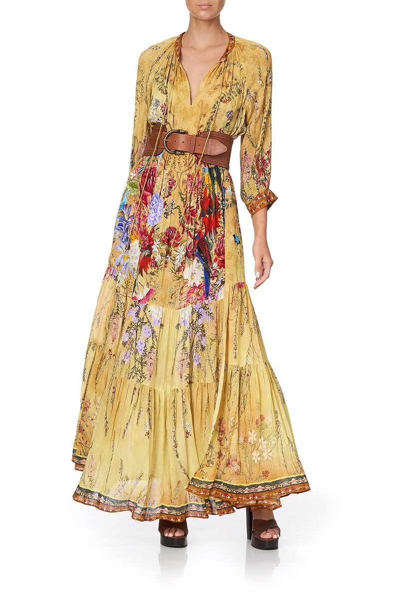 LONG GATHERED PANEL DRESS AMONG THE GUMTREES – CAMILLA