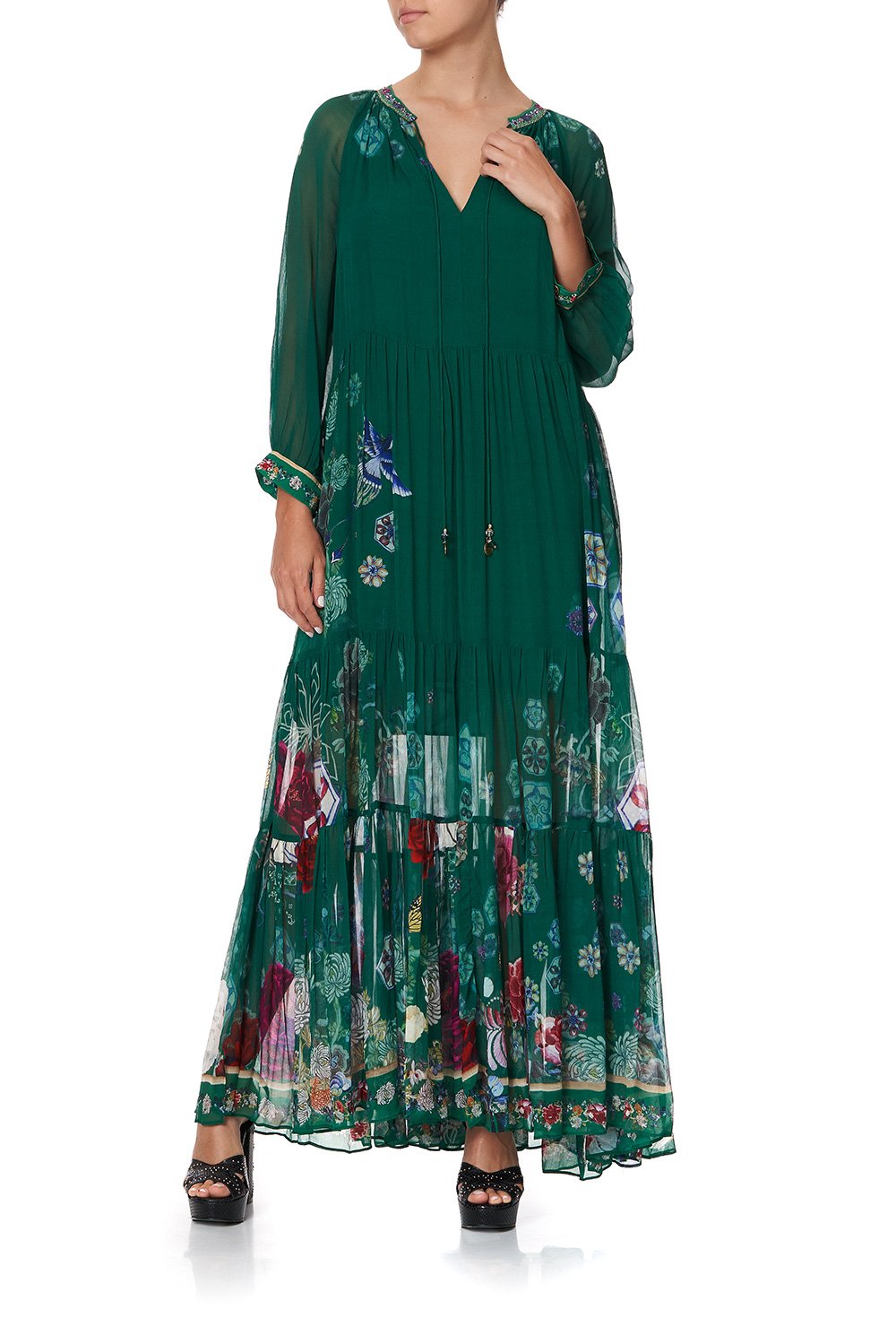 LONG GATHERED PANEL DRESS EMERALD'S ORBIT – CAMILLA