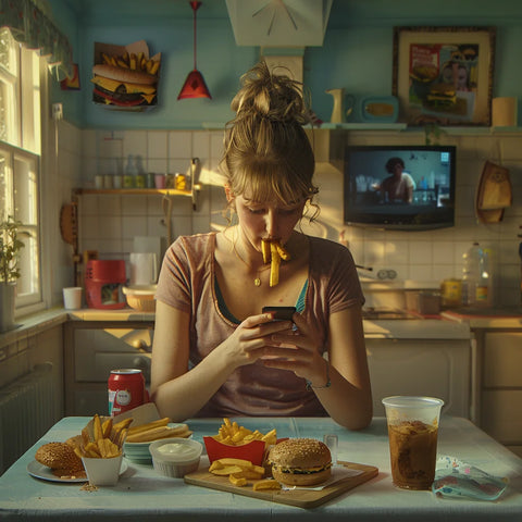 Eine Frau isst abgelenkt fastfood und sieht fern und checkt ihr Telefon.