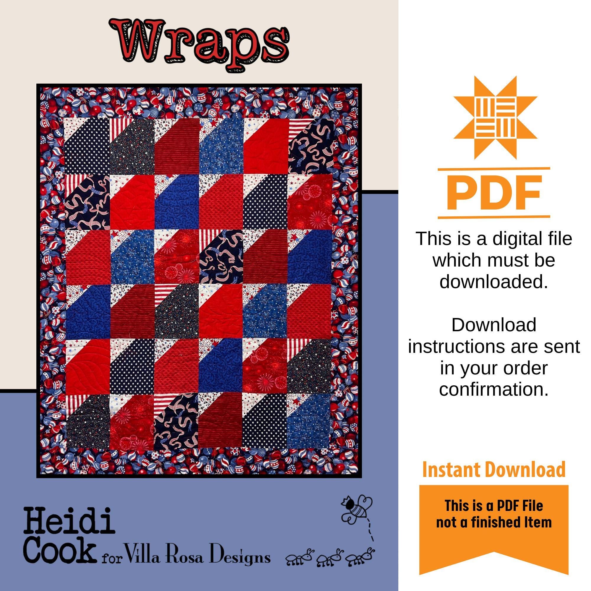 Wraps Quilt Pattern Only - INSTANT DIGITAL DOWNLOAD - From Heidi Cook for Villa Rosa Designs Size 62"x72" uses fat quarters or 1/3 yard cuts