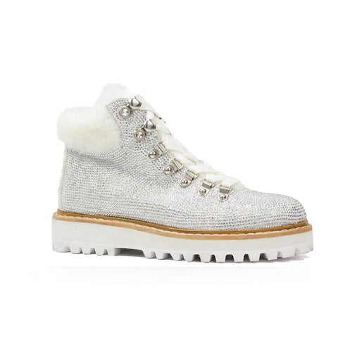 White glitter and faux fur flat ankle boots from Lola Cruz