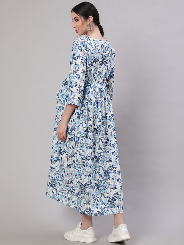 Dusty blue floral fold over long maternity dress with long sleeves -  NikaCouture