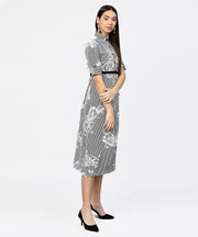 Black striped cuff style half sleeve A-line open placket dress with belt