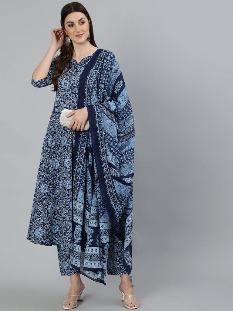 Women Blue Floral Printed A-Line Kurta With Palazzo And Dupatta 