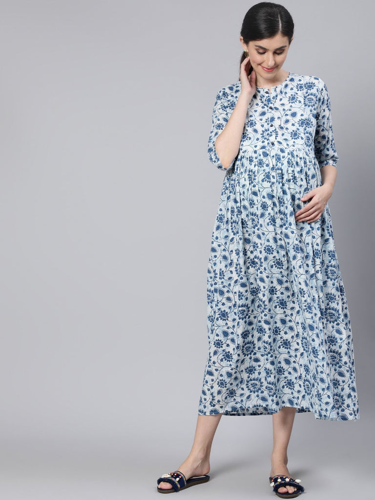 Dusty blue floral fold over long maternity dress with long sleeves -  NikaCouture