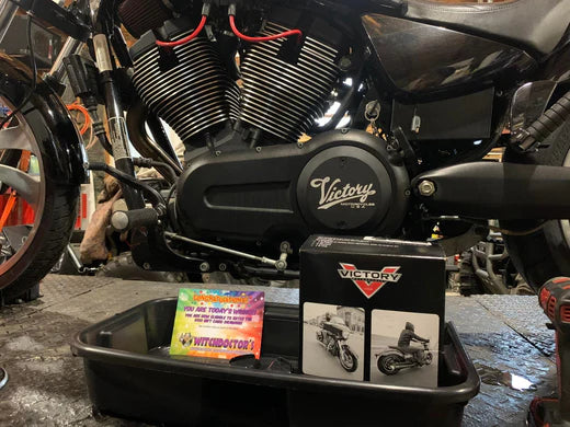 Prepare your Victory motorcycle for spring with an oil change kit doing maintenance