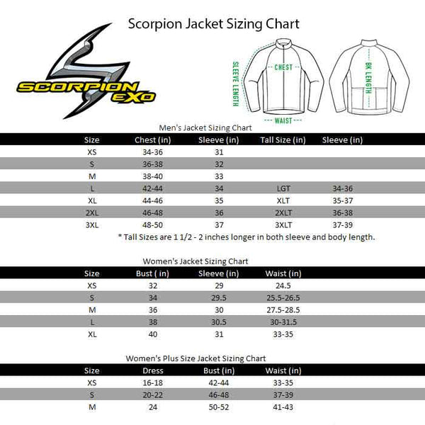 Scorpion EXO Jacket sizing chart
