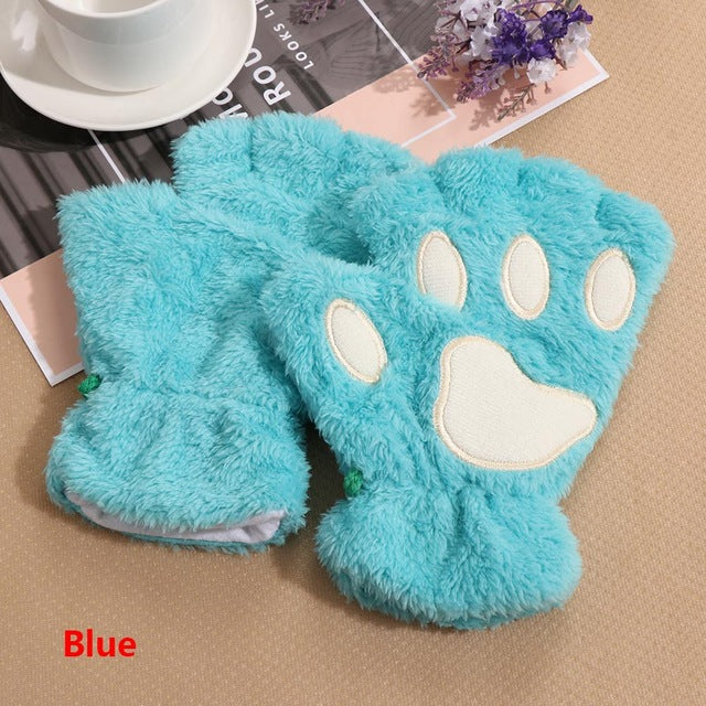 blue furry gloves