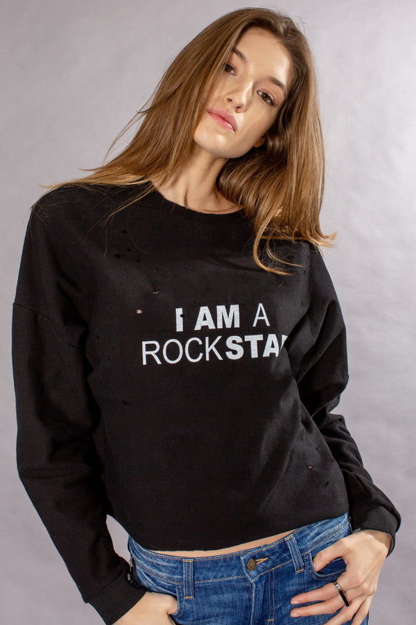 씨위진 SIWY Denim Stellan Vintage - Oversized Long Sleeved Crop Sweatshirt - Black Rock Star