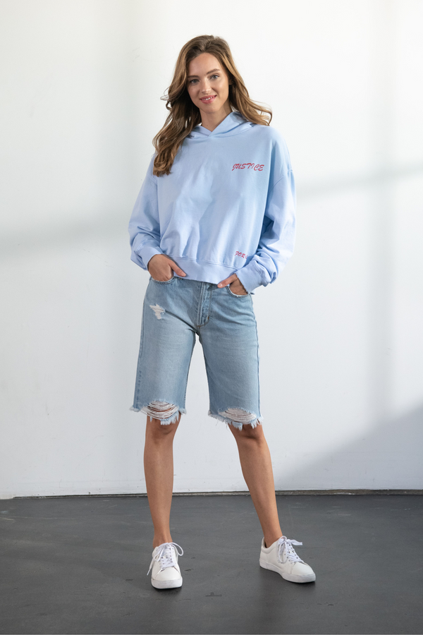 In The Style x Olivia Bowen Exclusive cut off denim longline shorts in blue