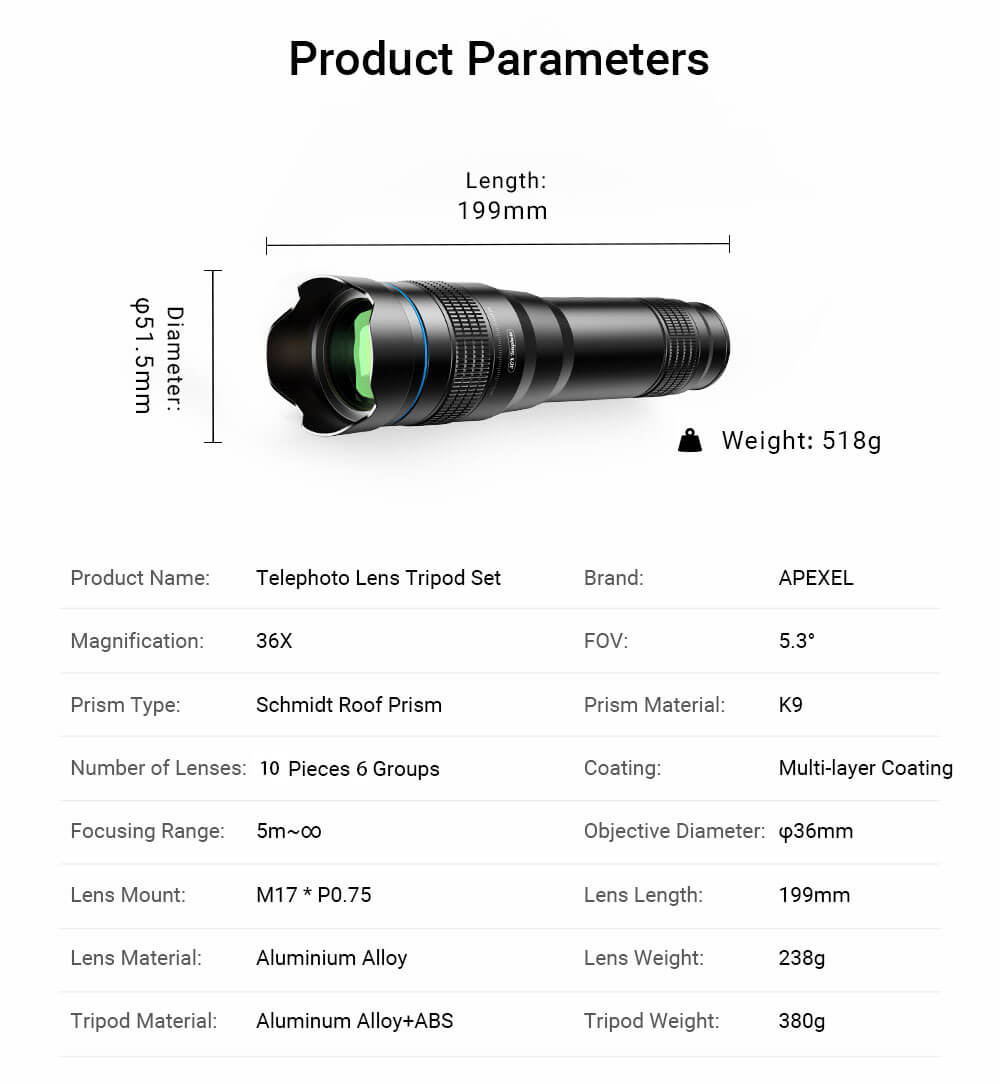 Advanced 36X Telephoto Lens Kit for Smartphones Unmatched Clarity and Performance parameter - Apexel