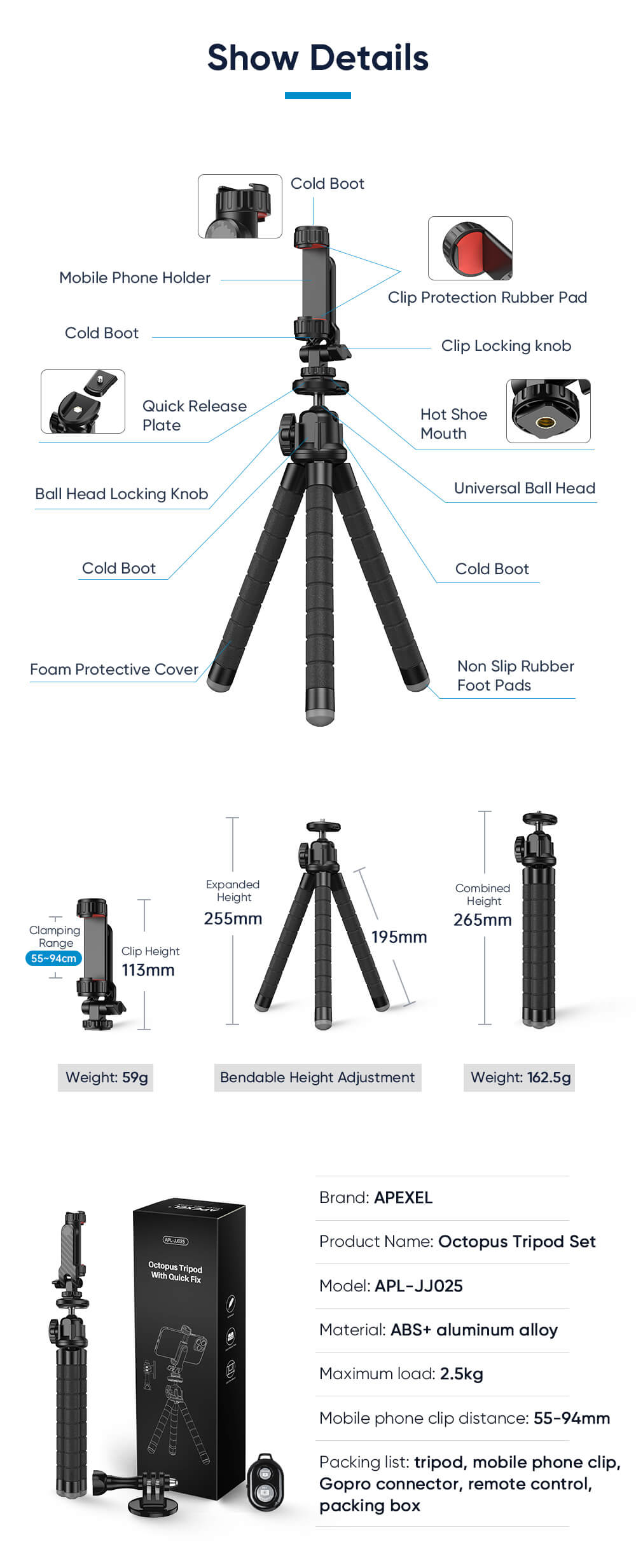 Apexel JJ025 Flexible Octopus Tripod with Dual Cold Shoe Mounts and Quick Release Plate