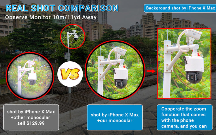 REAL SHOT COMPARISON The background picture was shot by iPhone XS Max  Observe a building 2m away with our 6X20 monocular and other monocular