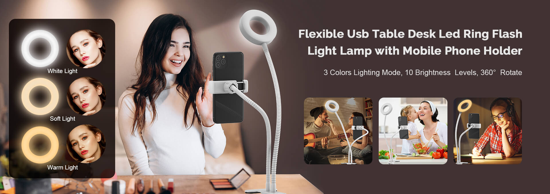Apexel FL04 2 IN 1 Clip on Selfie Ring LED Light with Phone Holder,Flexible Arms for Live Streams/Makeup