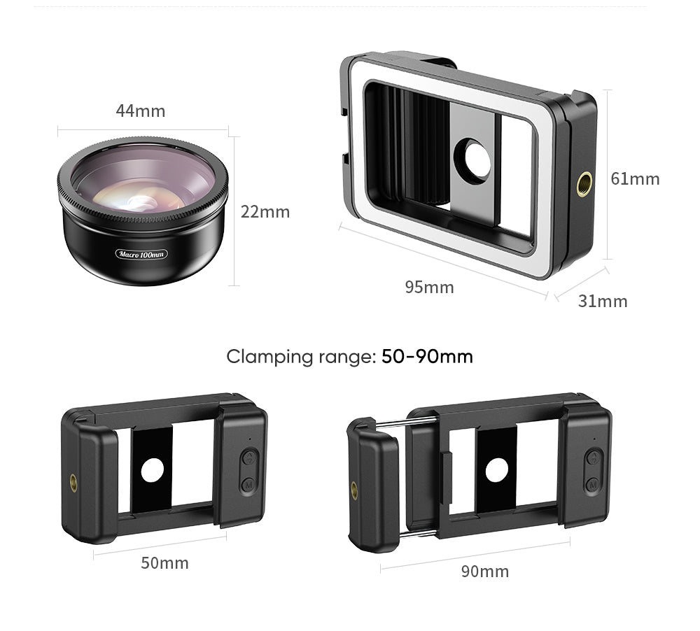 Dimensions of 100mm macro lens and FL23 fill light phone holder