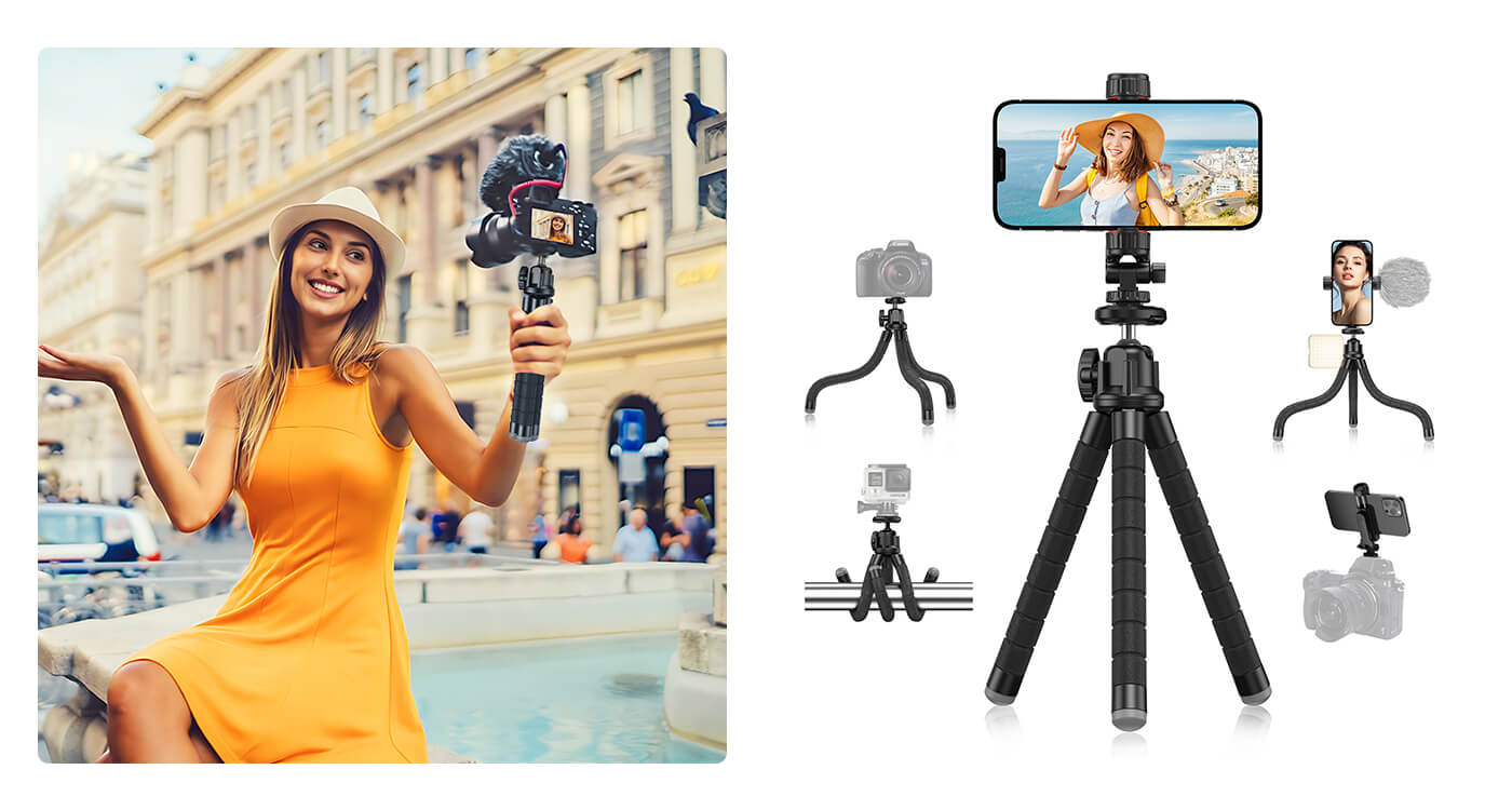 A woman with long hair and a yellow dress is recording video with a camera and microphone connected to an Apexel JJ025 octopus tripod.
