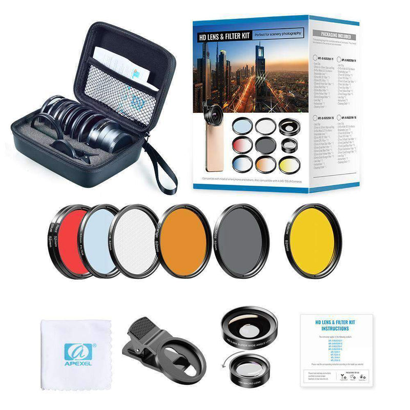 Phone Lens Kits 0 45x Wide Angle Macro 37 52mm Cpl Nd32 Full Color Fil Apexel