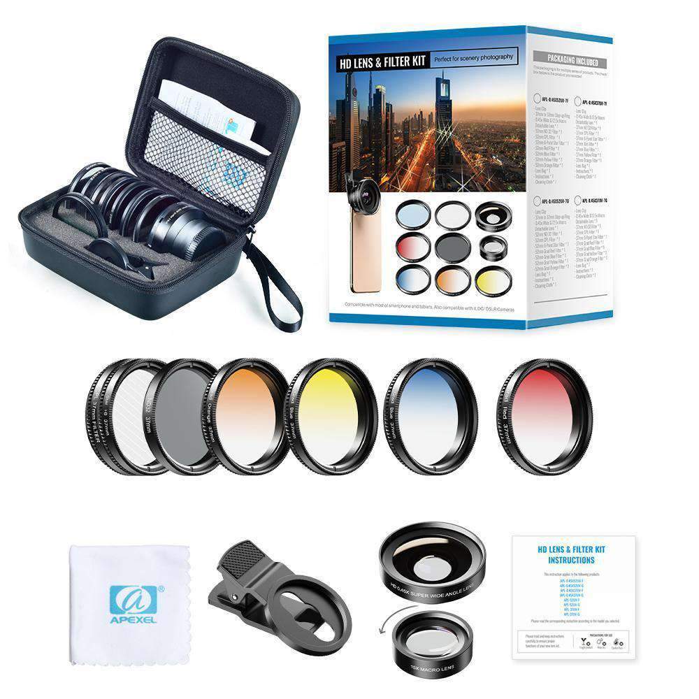 Phone Lens Kits 0.45X Super Wide Angle Macro 37/52mm CPL ND32 Grad Color Filter