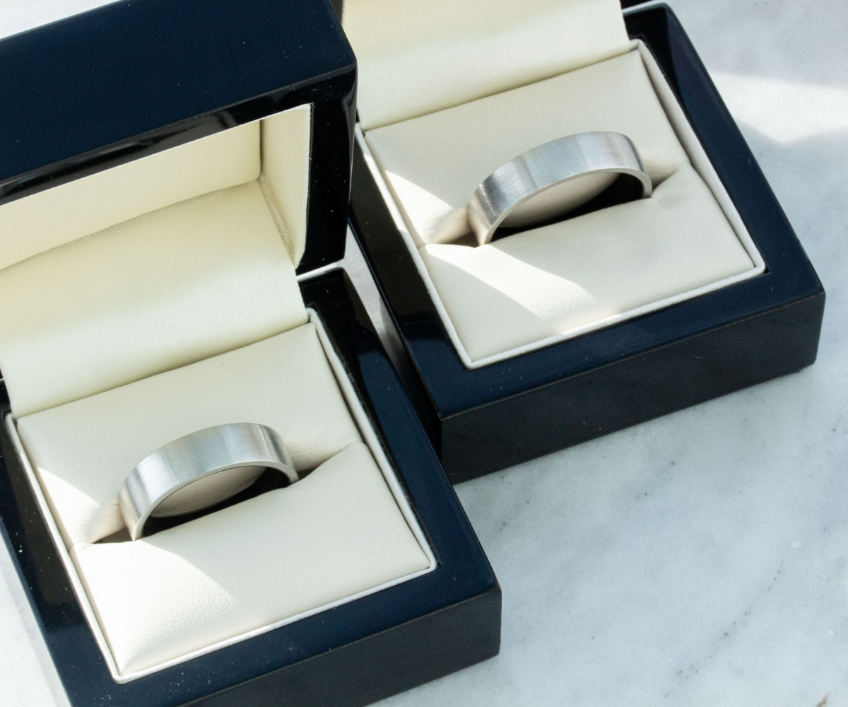 mens brushed platinum and black ruthenium wedding bands