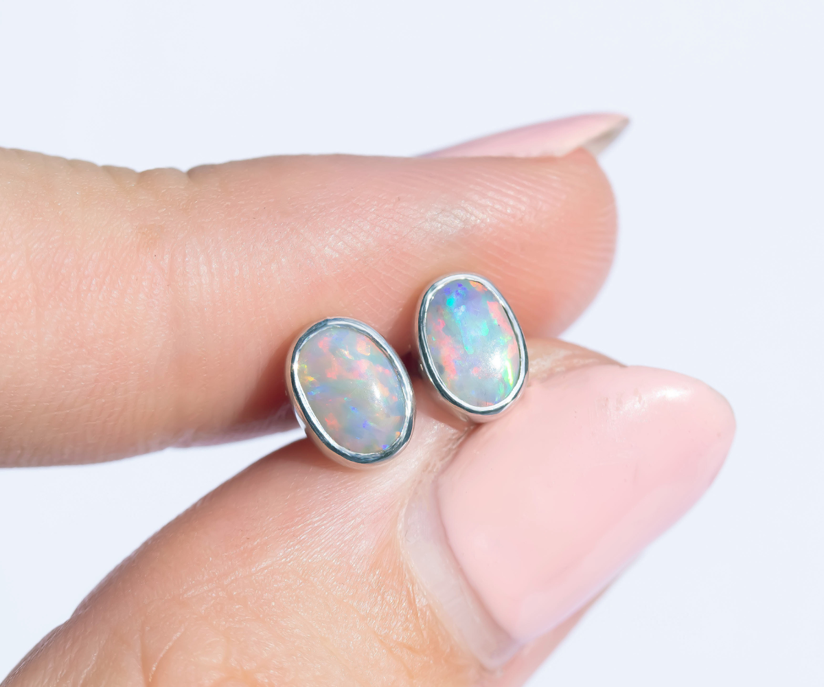 crystal opal stud earrings bezel set in white gold