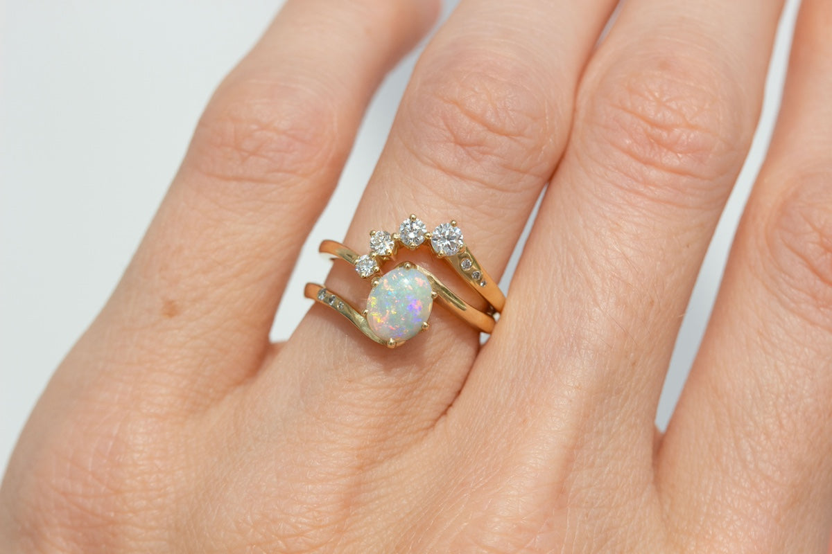 Multicoloured oval opal bridal ring set with diamond fitted band