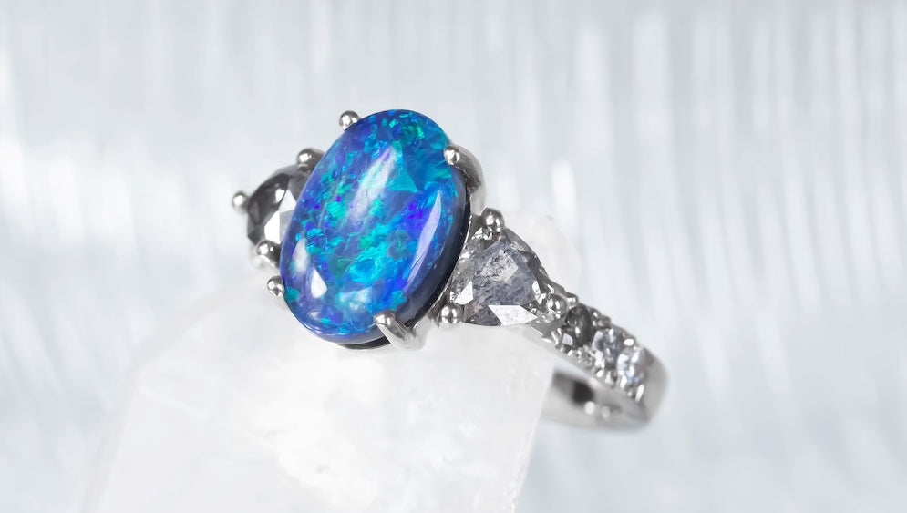 Black Opal Salt and Pepper Diamond Engagment ring in white gold