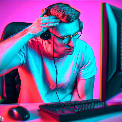 gamer sitting at desk with glasses on