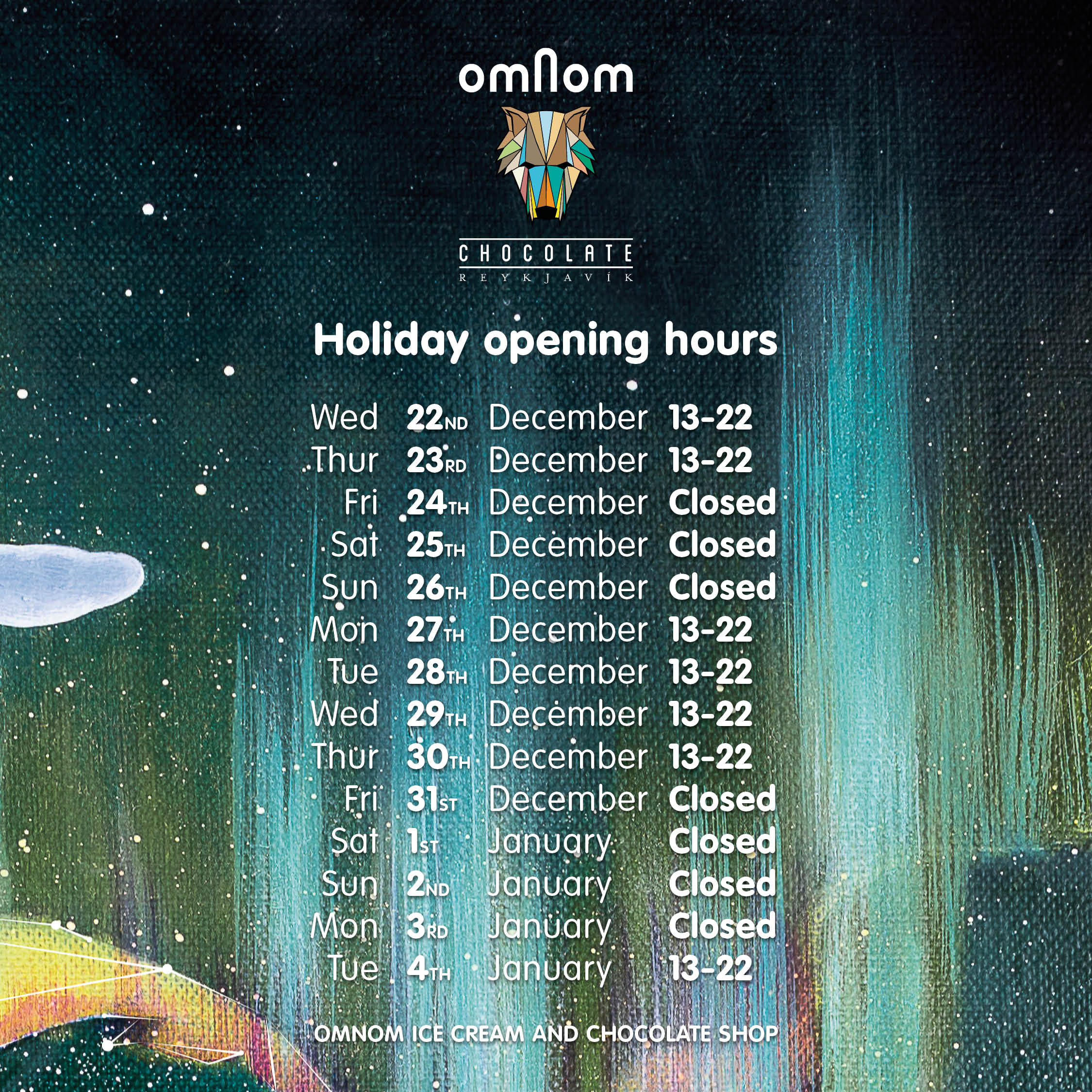 Omnom ice cream and chocolate store holiday opening hours