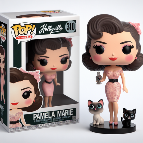 Custom AI Funko Pop Figure of pinup model and Hollyville owner, Pamela Marie with her cats.